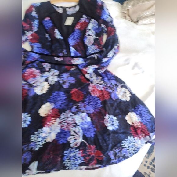 Guess NWOT fit and flare velvet trim mesh cleavage floral dress - Picture 14 of 16